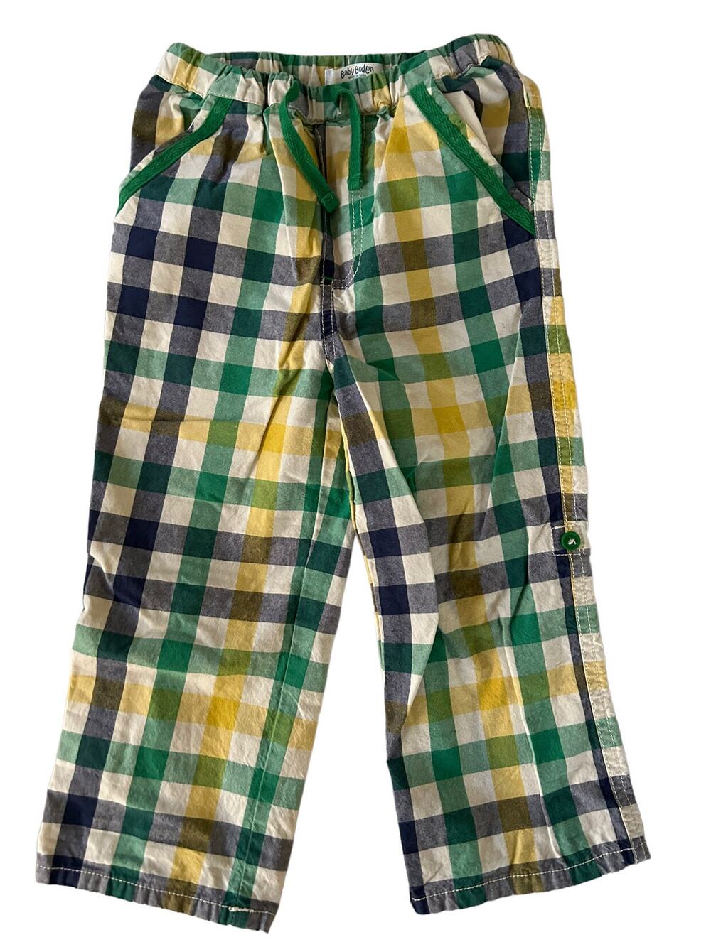 Mini Boden Green Blue Plaid Roll Up Pants 2-3